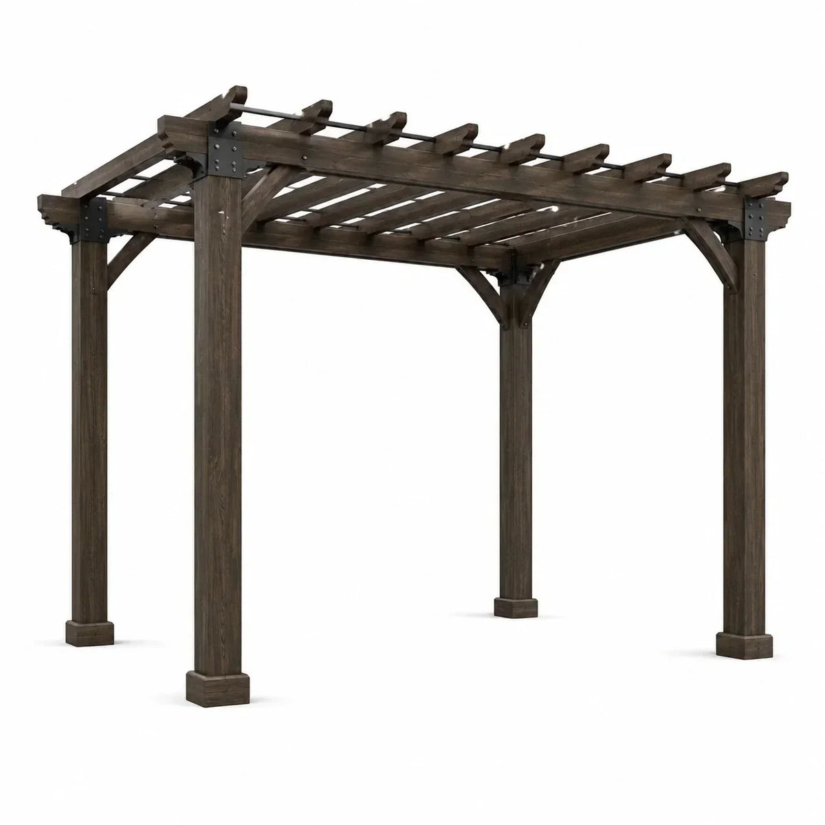 Pérgola de madera independiente 305 × 305 × 244 cm, marrón oscuro y negro, con techo de listones abierto