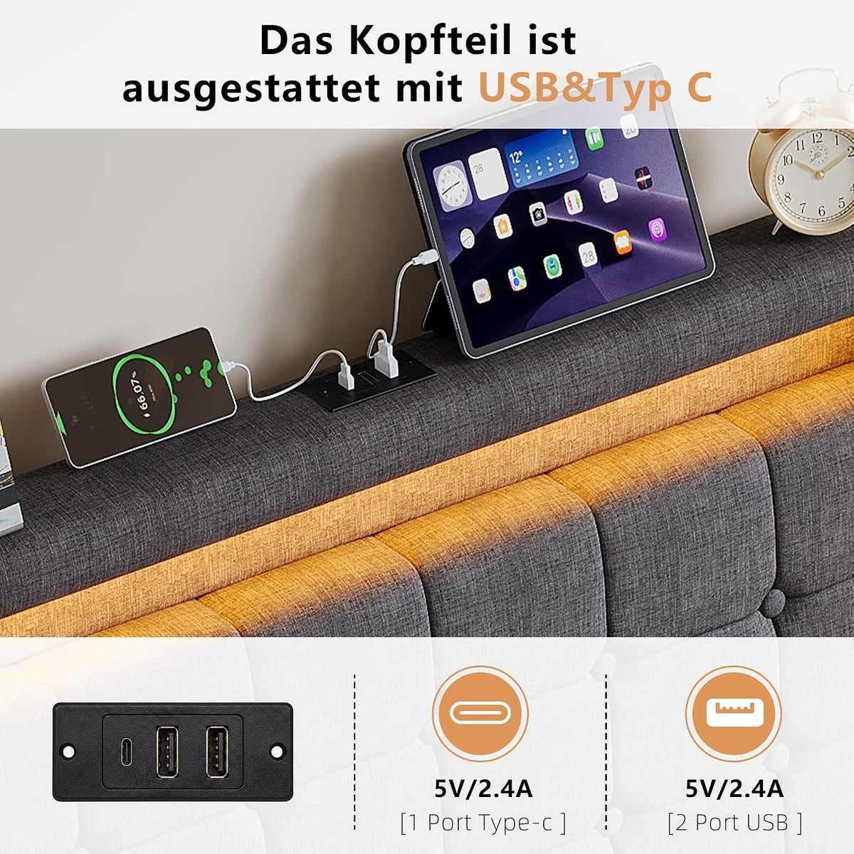 Cama tapizada BRILVERDE 160x200 con almacenamiento, cama doble con USB/LED, cama juvenil con 4 cajones, estructura de cama con somier y cabecero, lino (gris, 160 x 200 cm)