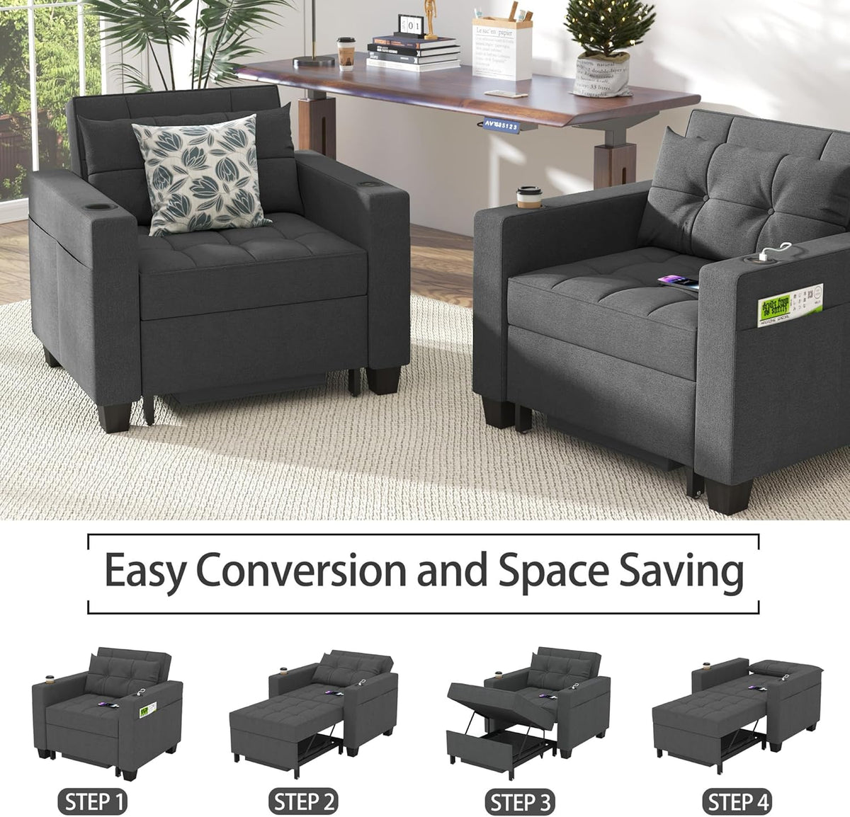 Sillón cama DURASPACE, silla convertible 3 en 1, sillón cama extensible, sofá cama con puertos USB, bolsillo lateral, portavasos para espacios pequeños (gris oscuro)