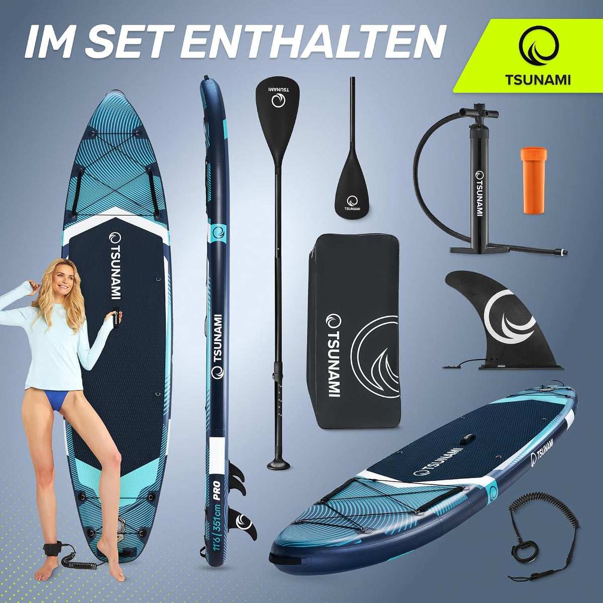 Tabla de Stand Up Paddle TSUNAMI PRO, tabla SUP con accesorios completos, bomba y correa de seguridad, capacidad de carga de hasta 160 kg, longitud 350 cm, material doble y refuerzos internos adicionales