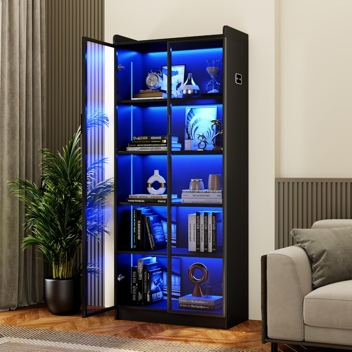 Vitrina FREDEES con iluminación LED, vitrina para coleccionables de 5 niveles con sensores inteligentes, vitrina de pie de acrílico con estantes ajustables para salón y oficina, negro