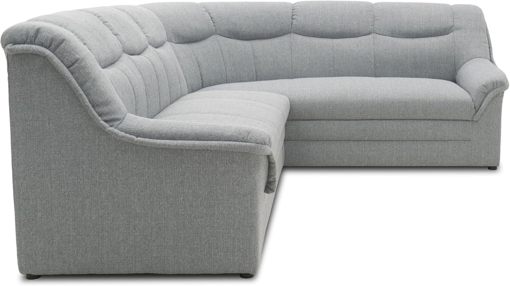 DOMO. collection Ecksofa Berlin, Zeitlose Eckcouch, 3 Sitzer Links mit Schlaffunktion und Federkern-Polsterung, Sofa in L-Form, Couch, 205 x 250 x 89 cm, Silber