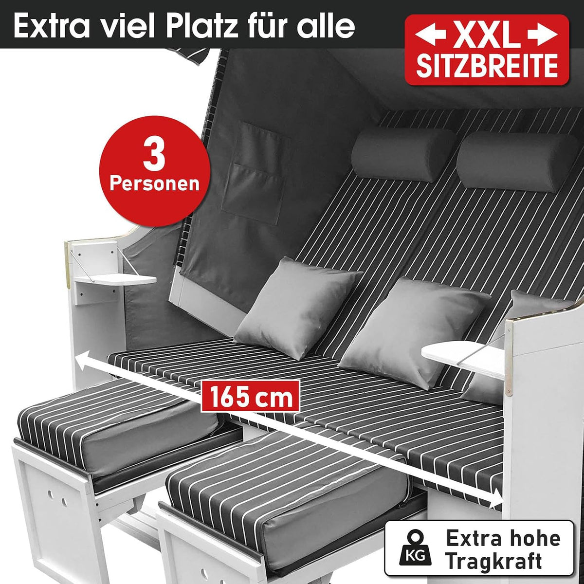 BRAST® Cesta de playa Usedom XXL de 3 plazas para 2-3 personas | 165 cm de ancho | 5 diseños | incluye funda impermeable | respaldo ajustable, cojines para los pies | antracita/gris - a rayas