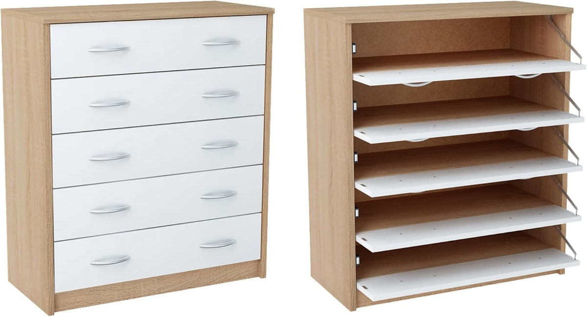 Zapatero Home Collective con 5 cajones abatibles, estante para zapatos de 5 compartimentos, bordes redondeados suaves, 74 cm de ancho, panel laminado, almacenamiento de zapatos que ahorra espacio - Sonoma blanco