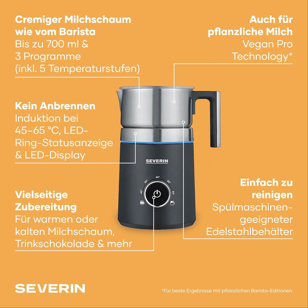 Espumador de leche por inducción SEVERIN SPUMA 700, espumador de leche eléctrico que no quema, espumador apto para lavavajillas, acero inoxidable cepillado/negro mate, SM 3586