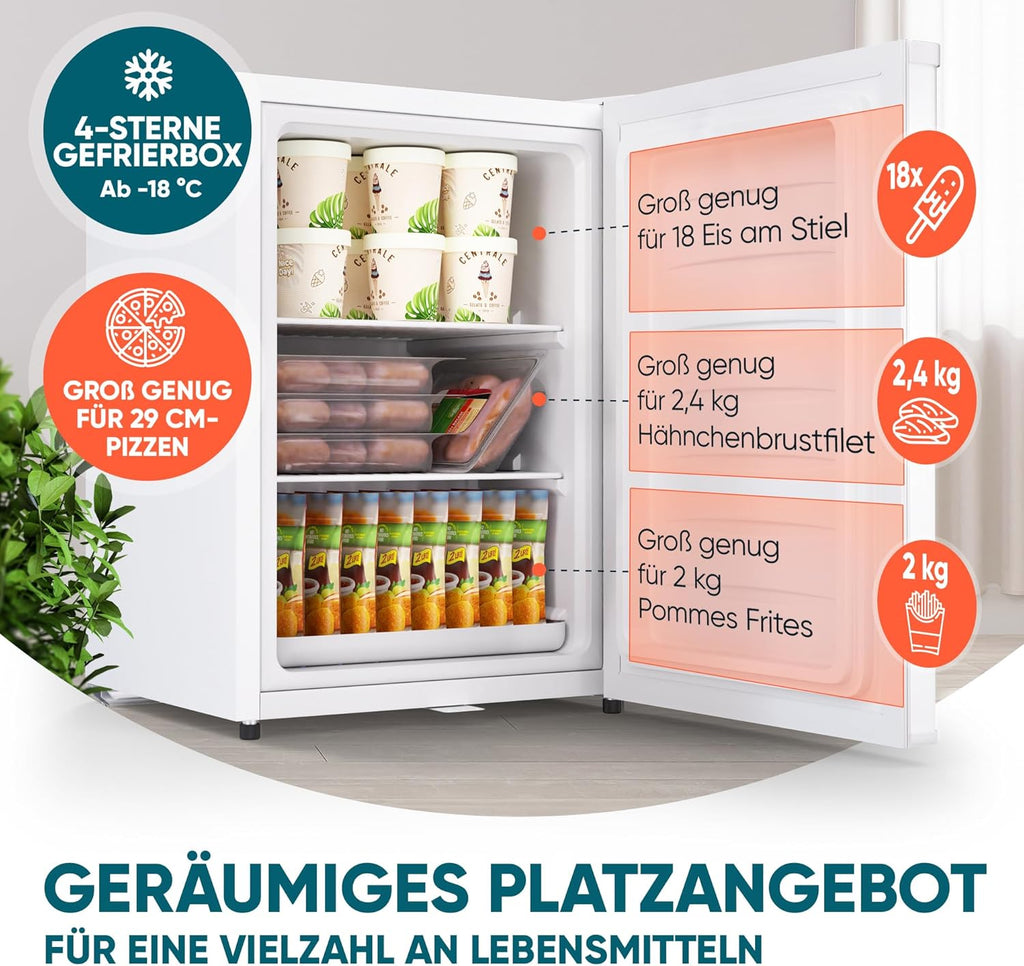 Stillstern Mini Gefrierschrank (42L) -18°C, Eiswürfelschale, Schloss, Türanschlag wechselbar, 4-Sterne Tiefkühlschrank für Camping/Büro Gefriertruhe Klein Gefrierschrank Klein Tiefkühltruhe Weiß