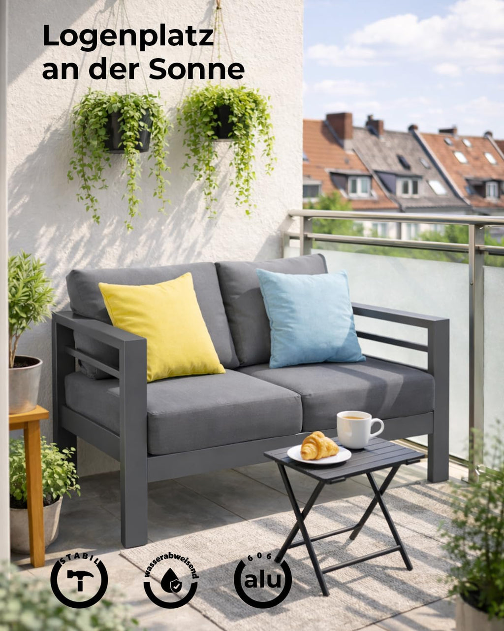 Sofá de jardín LANOX, conjunto de muebles de exterior de 2 plazas de aluminio, 128×65×66 cm, incluye cojines de asiento y respaldo, sofá de jardín resistente a la intemperie para balcón, terraza y jardín, gris