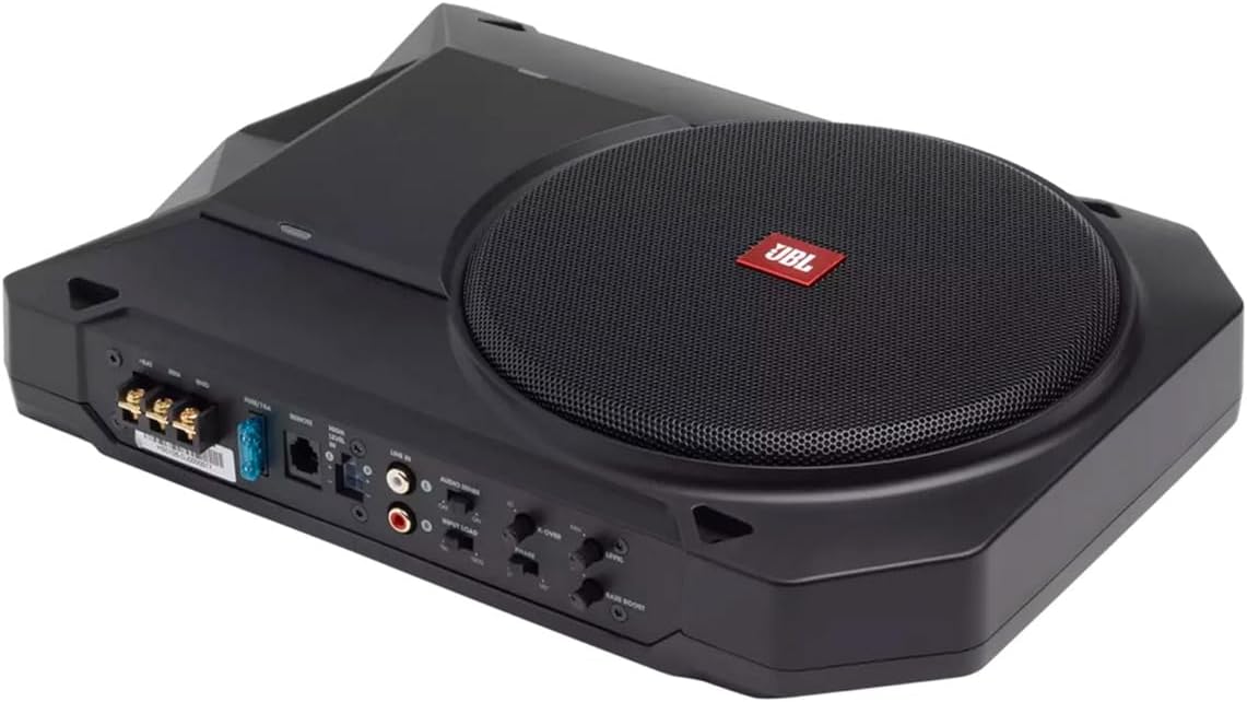 Subwoofer activo para coche JBL BassPro SL2 de 8 pulgadas bajo el asiento - Subwoofer para coche de 125 vatios con amplificador de potencia integrado, negro