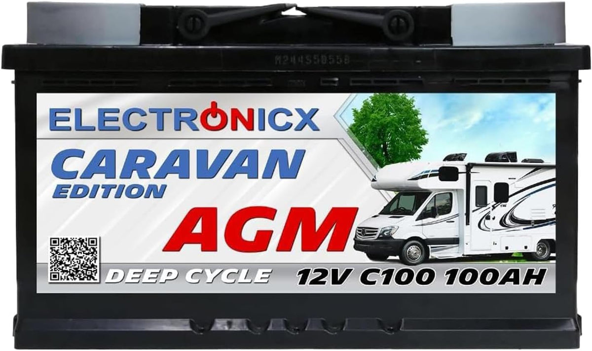 Batería AGM Electronicx 100Ah Premium 12V recargable - Batería de coche para autocaravana y panel solar 100 Ah