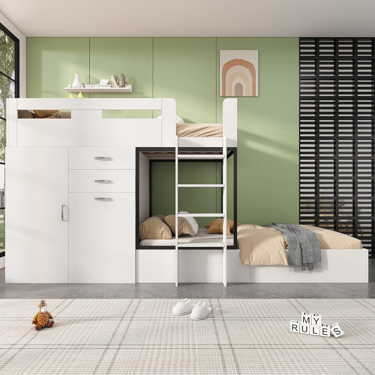 Cama tipo loft Ymkua para niños de 90x200 cm con almacenamiento, cama doble con somier, cama alta con escritorio y armario, cama juvenil con cajones, estantes y escalera, blanco, sin colchón