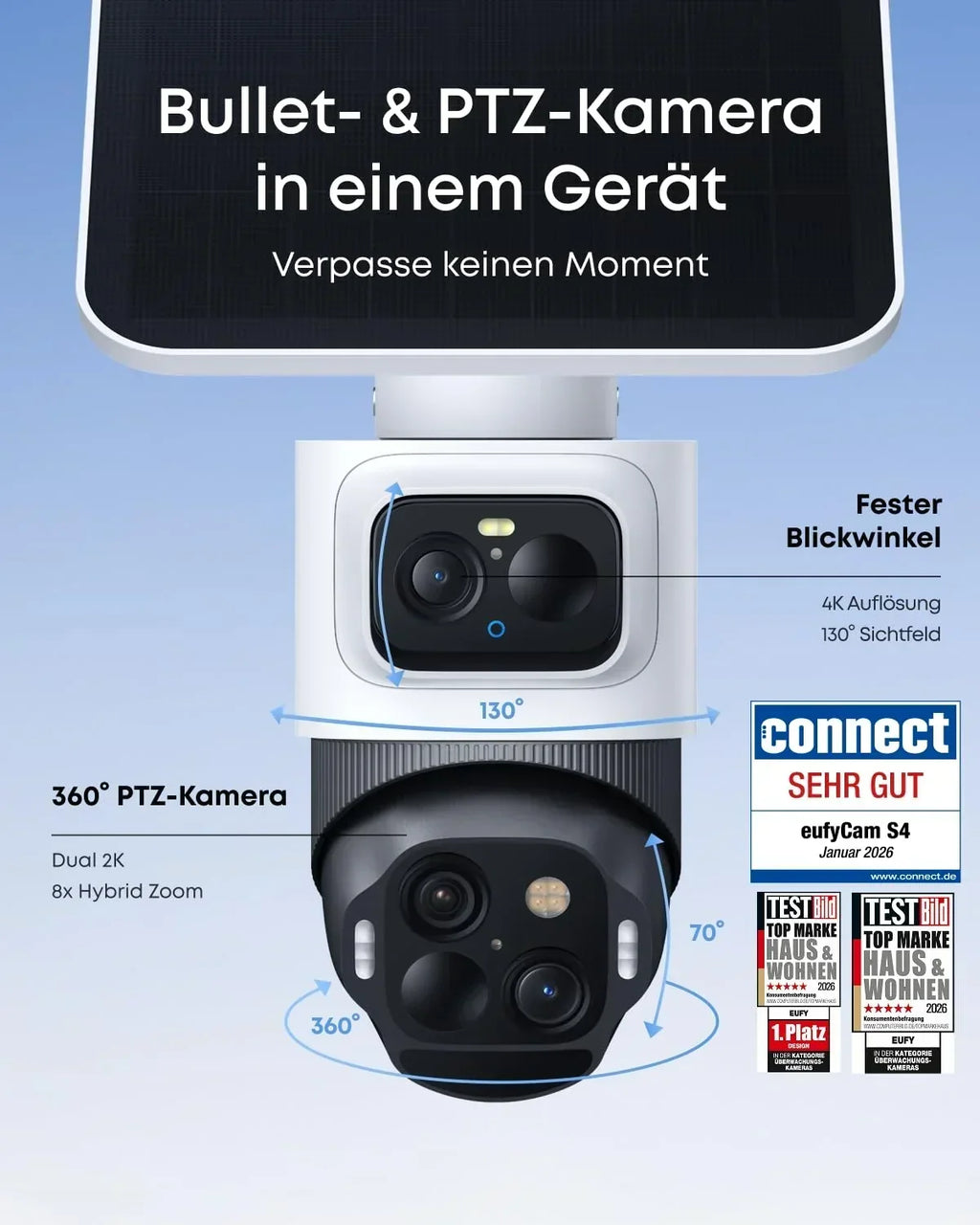 Cámara de seguridad exterior eufy S4 4K UHD, visión nocturna a color, zoom híbrido 8x, solar, seguimiento automático multicámara de 360° para HomeBase S380