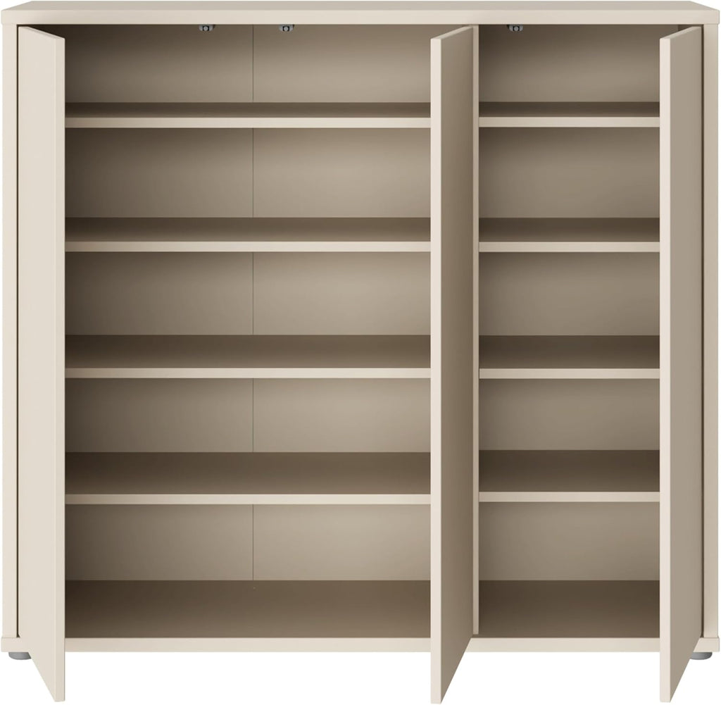Forte Alice Springs Schuhschrank 100 110, Flurschrank mit 3 Türen und 8 Einlegeböden, Holzwerkstoff, Kaschmir Beige, 109,2 cm breit x 99,1 cm hoch x 34,9 cm tief