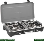 BRUNNER: Hornillo de camping de mesa 2 en 1 de 2 fuegos de acero inoxidable, parrilla de gas y hornillo de gas - POWERKOOK 50mbar con 1 cacerola + 1 plancha para asar, con regulador de gas y manguera de  gas