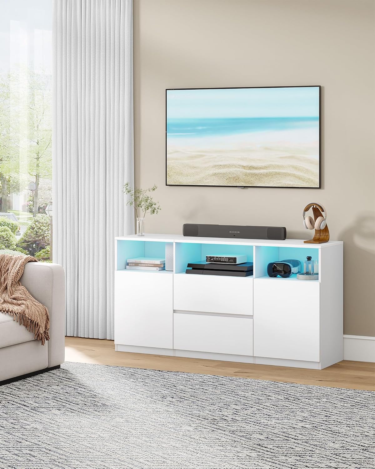 Mueble de TV Hzuaneri con iluminación LED RGB (25 colores), soporte de televisión para pantallas de hasta 65 pulgadas, aparador con 2 cajones y 3 compartimentos abiertos, para salón y dormitorio, blanco TV17003XEU