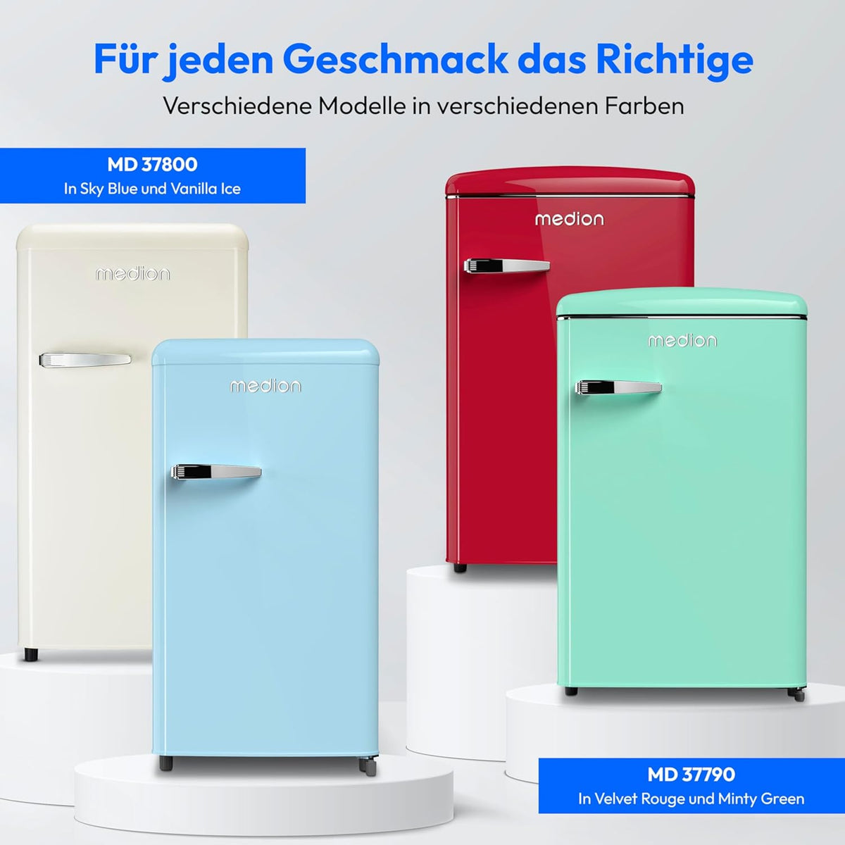 MEDION Retro Kühlschrank (91 Liter, 91cm Höhe (höhenverstellbare Füße), höhenverstellbare Glasablagen, transparente Gemüseschublade, freistehend, Türanschlag rechts, Metall Türgriff, MD37800) blau