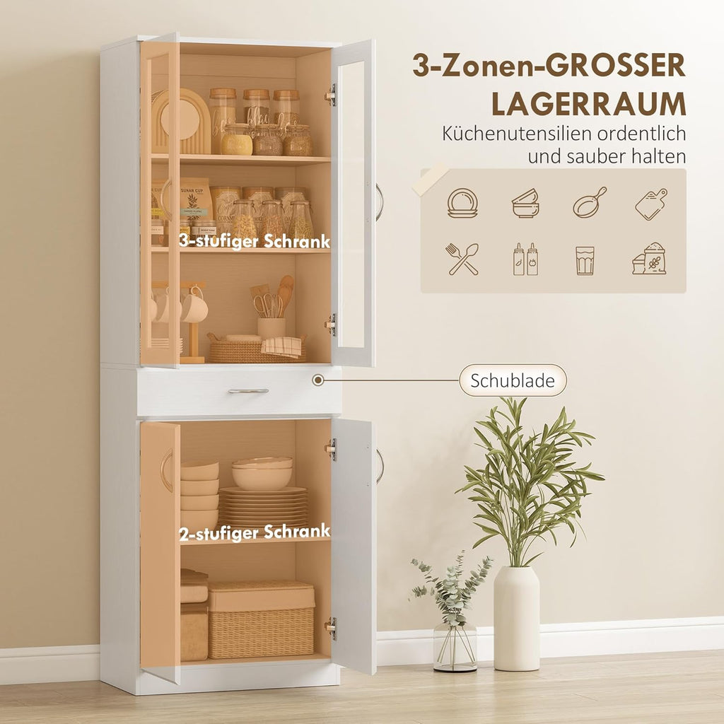 HOMCOM Alacena de cocina mueble buffet con estante ajustable, cajón, 2 armarios, armario alto con puerta de cristal y función de cierre suave para cocina, comedor, salón, 60 x 35 x 180 cm, blanco