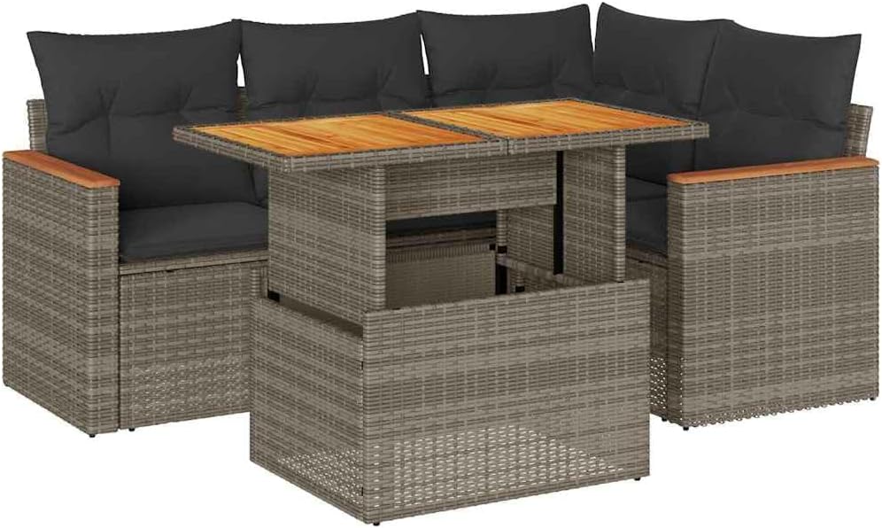 vidaXL 5-TLG. Garten-Sofagarnitur mit Kissen Grau Poly Rattan Akazie, Outdoor Sofagarnitur, Gartensofa Set, Lounge Set, Sofagarnitur Terrasse