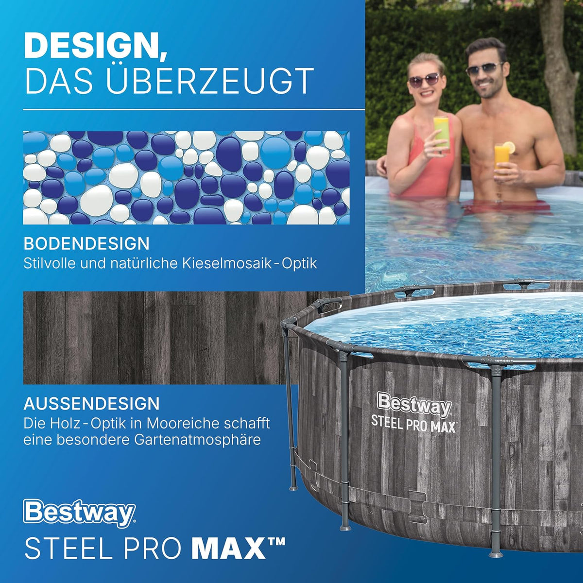 Set de piscina con estructura Bestway Steel Pro MAX con bomba de filtro Ø 366 x 100 cm, efecto madera (roble pantanoso), redonda