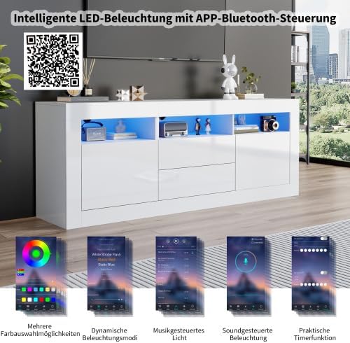 Mueble para TV Merax con iluminación LED, mueble bajo de 160 cm en blanco de alto brillo, sistema de apertura por presión, gran espacio de almacenamiento para salón, control por Bluetooth para la iluminación LED