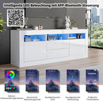 Mueble para TV Merax con iluminación LED, mueble bajo de 160 cm en blanco de alto brillo, sistema de apertura por presión, gran espacio de almacenamiento para salón, control por Bluetooth para la iluminación LED
