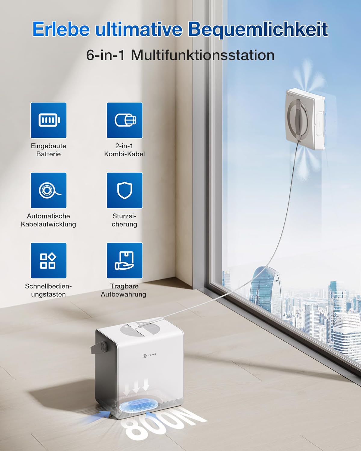 Robot limpiacristales ECOVACS WINBOT W2 PRO Omni con estación multifunción 6 en 1, carga durante el funcionamiento, cabezal de pulverización de 3 boquillas, protección de 12 niveles, planificación de rutas Win-SLAM 4.0, blanco