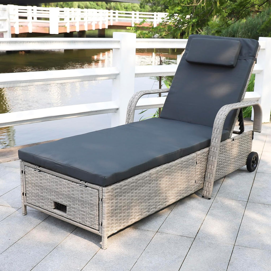 Tumbona de jardín, hamaca de ratán con espacio de almacenamiento y respaldo reclinable, mueble de jardín móvil con cojín, poliratán y metal, 200 x 75 x 30-92 cm (beige/gris oscuro)