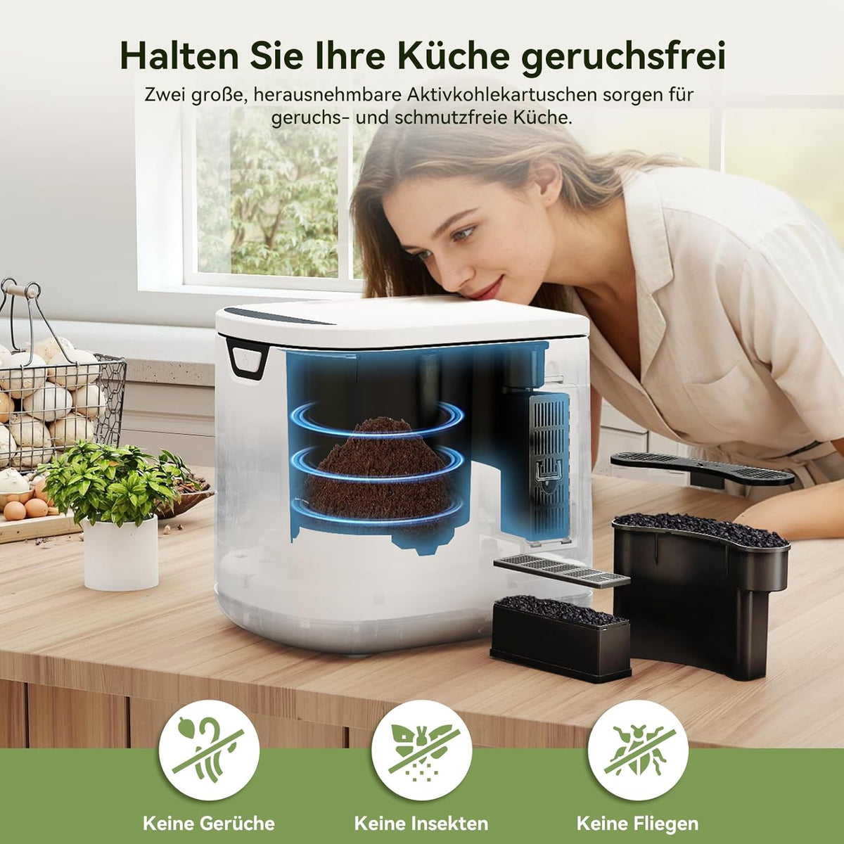 Compostador eléctrico Fullwatt 4.2L, compostador eléctrico inodoro de secado rápido con 2 filtros de carbono, cubo de compostaje y pantalla LED para materia orgánica y restos de comida, autolimpiable