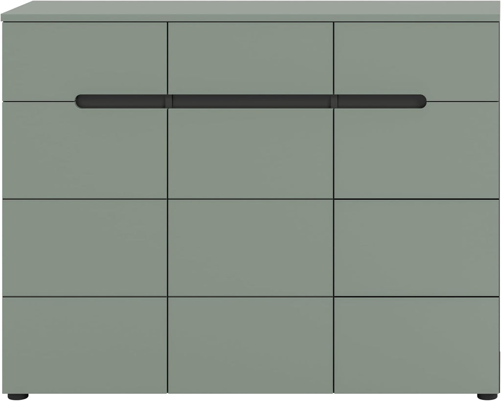 xonox.home - Cómoda para zapatos Canu 120x94x37 cm con cuerpo en imitación gris basalto y frente en imitación verde humo - Zapatero, cómoda, aparador alto, armario de almacenaje - práctico y moderno