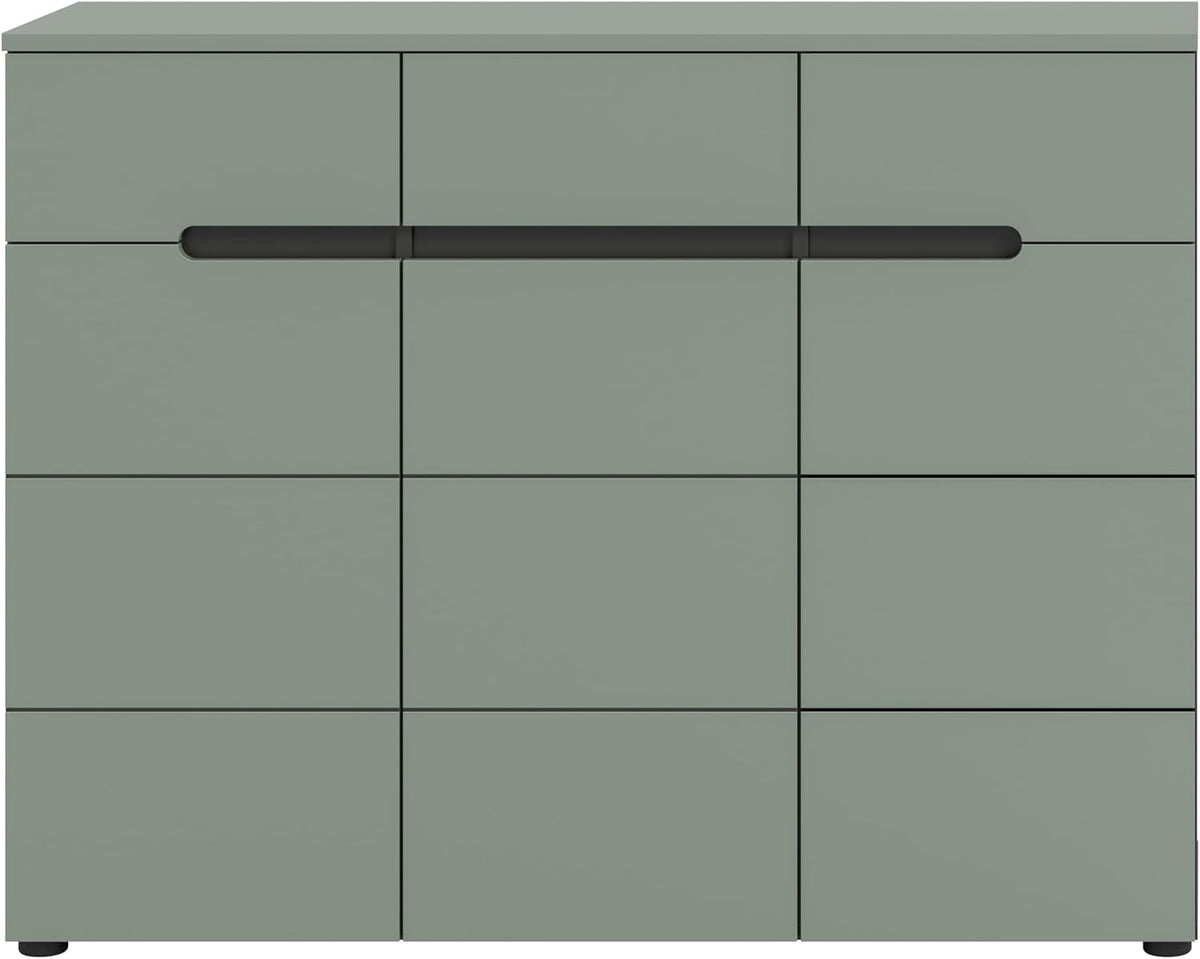 xonox.home - Cómoda para zapatos Canu 120x94x37 cm con cuerpo en imitación gris basalto y frente en imitación verde humo - Zapatero, cómoda, aparador alto, armario de almacenaje - práctico y moderno