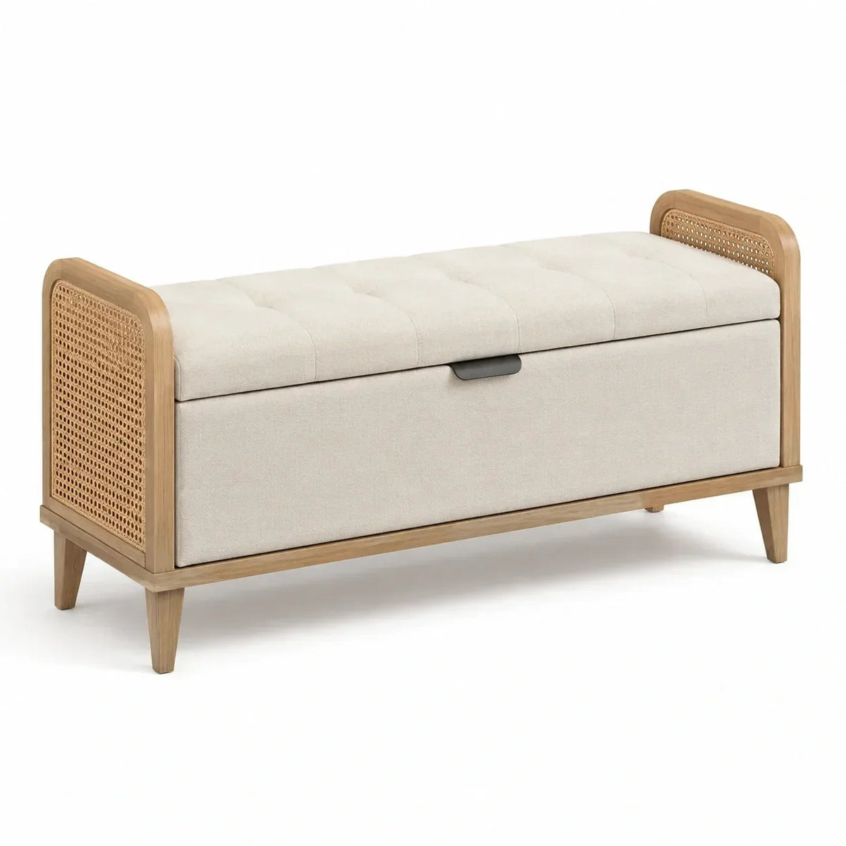 Banco de almacenamiento tapizado en l ino con estructura de madera, beige