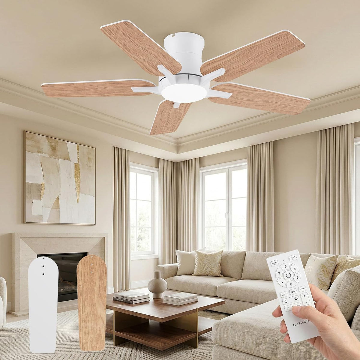Deckenventilator Mit Beleuchtung, 122 Cm Deckenventilator Mit Fernbedienung, Leise DC-Reversible Motor, 3CCT Speicher, Dimmbar, 6 Geschwindigkeitsstufen, Timer, Für Schlafzimmer, Weiß