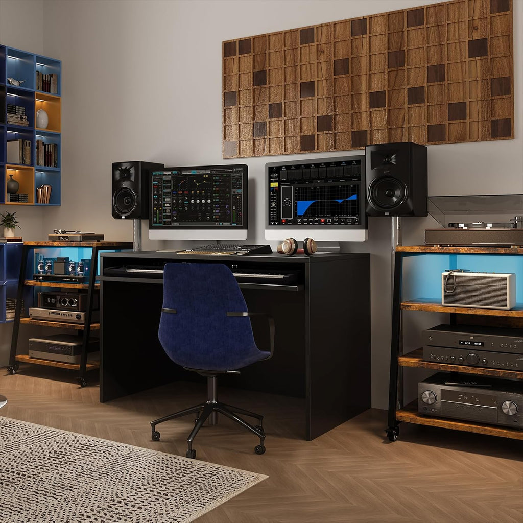 Rack HiFi de madera de 4 niveles con regletas y estante ajustable | Mesa para tocadiscos con ruedas y luces LED, estante para sistema estéreo, soporte multimedia para audio, equipos de sonido, TV, 60x52x78 cm