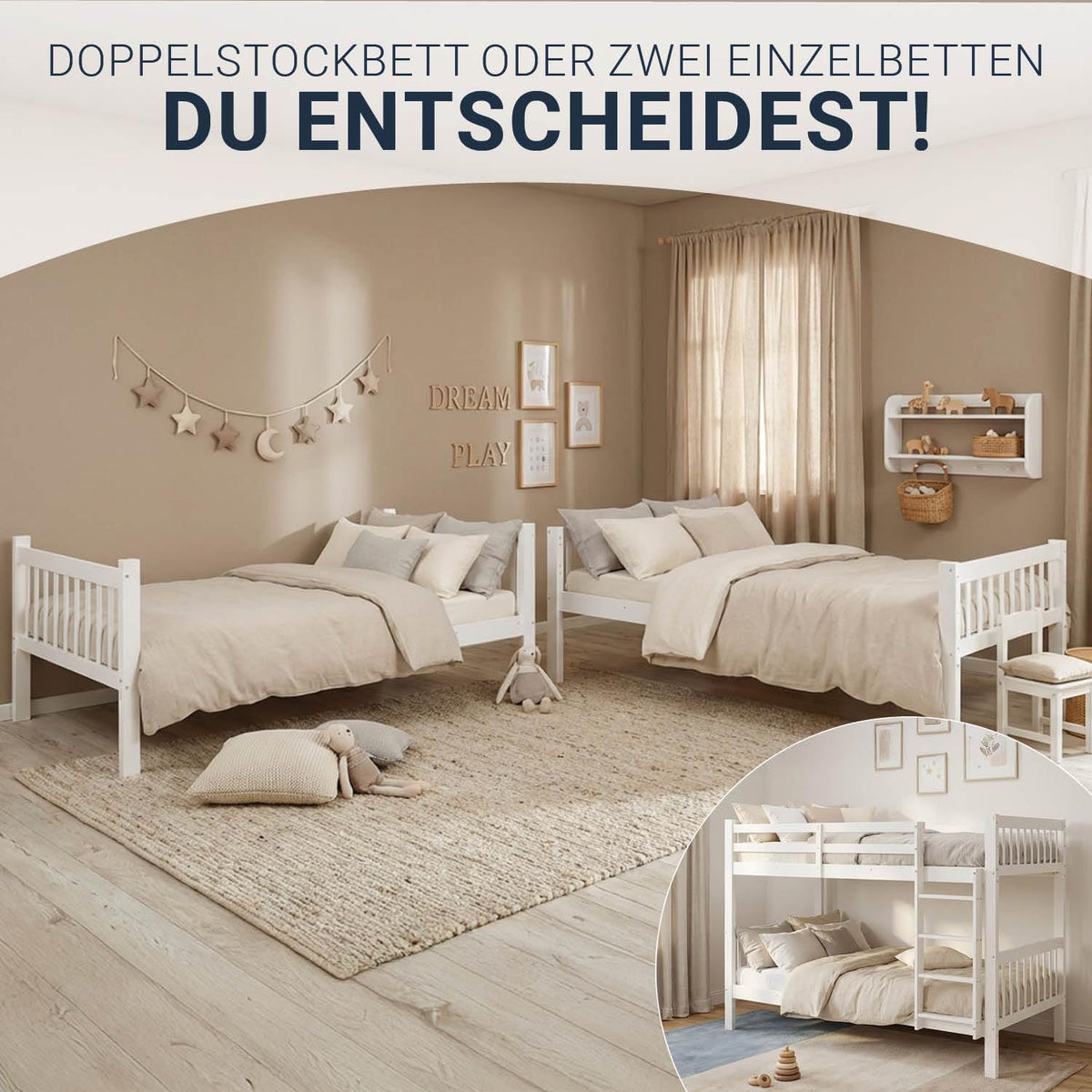 Homestyle4u, litera para 2 niños 90x200 con escalera, madera de pino blanco, cama alta 90x200 divisible en 2 camas infantiles, litera doble