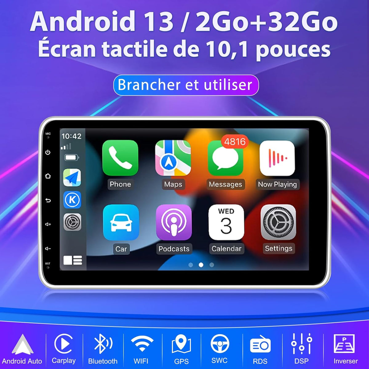 Autorradio Hexinex Android 13 Universal 1 DIN | Pantalla táctil HD de 10 pulgadas | 2 GB + 32 GB | Compatible con CarPlay y Android Auto | Cámara de visión trasera incluida | GPS, WiFi, Bluetooth, FM RDS, control al volante