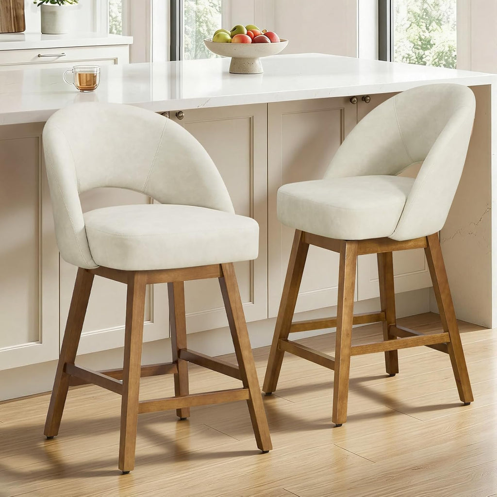 Juego de 2 taburetes de bar con respaldo, núcleo de muelles y acolchado de 11 cm, taburete de bar giratorio de 67 cm de altura, silla de bar con piel sintética de fácil cuidado y patas de madera maciza, taburete de mostrador para isla de cocina, beige