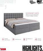 Cama boxspring BROMARKT con arcón, cama tapizada con colchón Bonell y topper, cama para dormitorio con cabecero acolchado Dakota, muelles Bonell, 180x200, grado de firmeza H3, gris Malmo