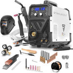 Equipo de soldadura de gas protector 3 en 1 STAHLWERK MTM-200 ST – equipamiento completo – TIG, MIG/MAG, MMA/electrodo hasta 200 A, alimentación de alambre sinérgica, accionamiento de 4 rodillos, apto para hilo relleno, acero, chapa fina