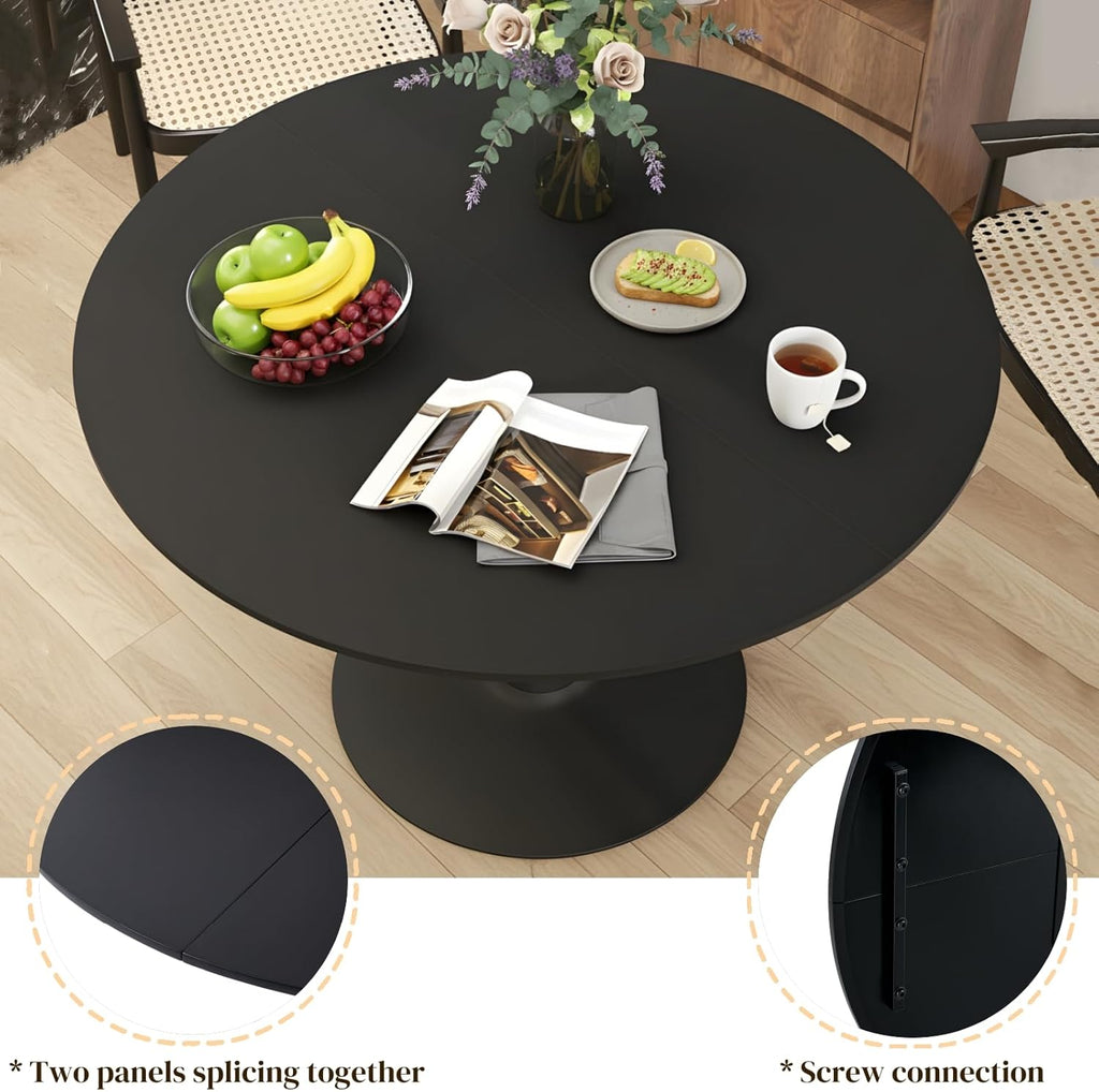 Mesa de comedor redonda de 110 cm, mesa de comedor redonda moderna negra, mesa de cocina para 4-6 personas, mesa de comedor de madera con estructura de metal, mesa redonda para cocina, comedor, salón y balcón, negro