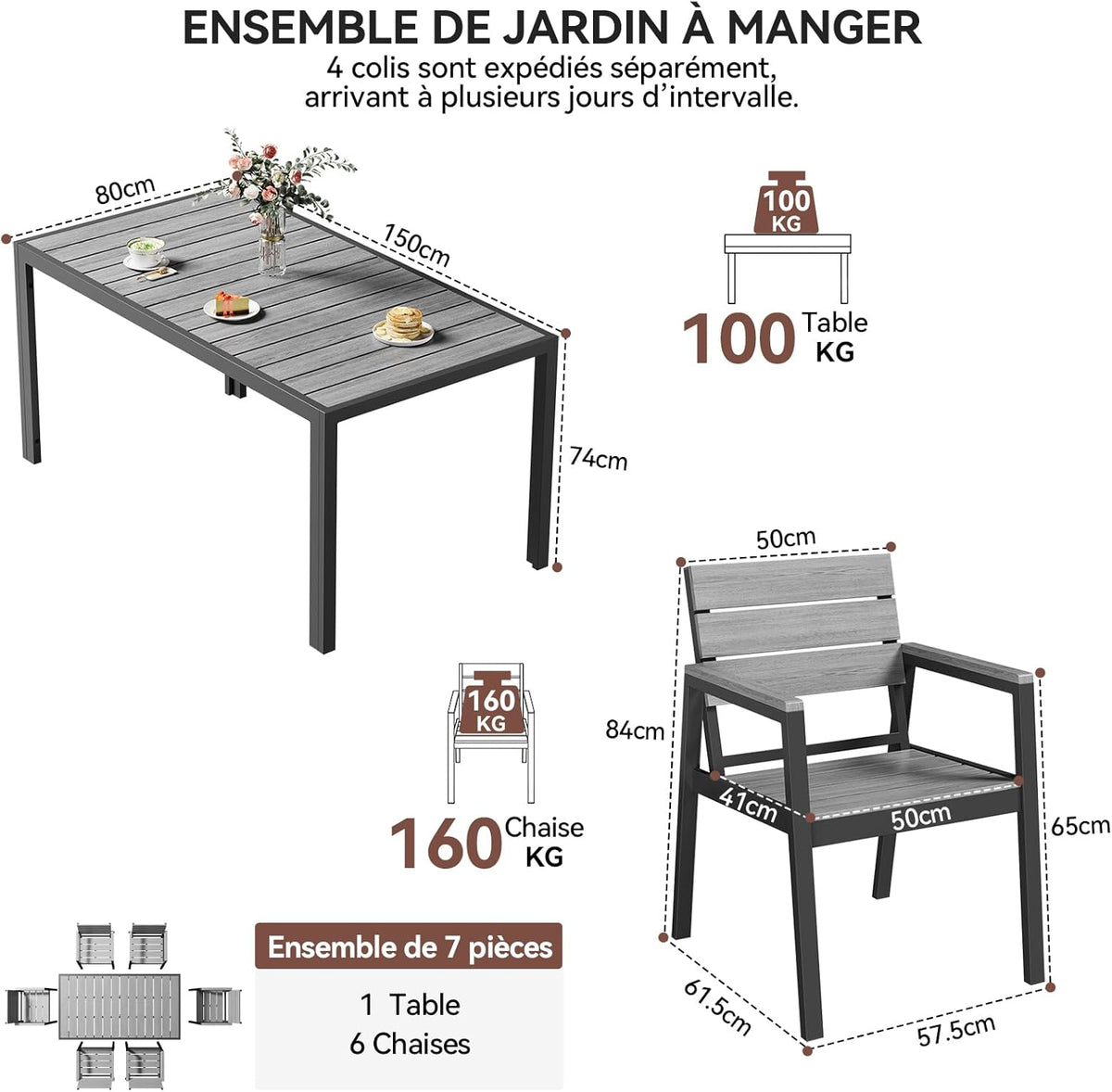 Devoko HDPS Conjunto de jardín de exterior de 7 piezas, resistente a la intemperie, con mesa de 150 cm y 6 sillas de jardín de exterior de aluminio, acabado imitación madera y fácil mantenimiento (gris)