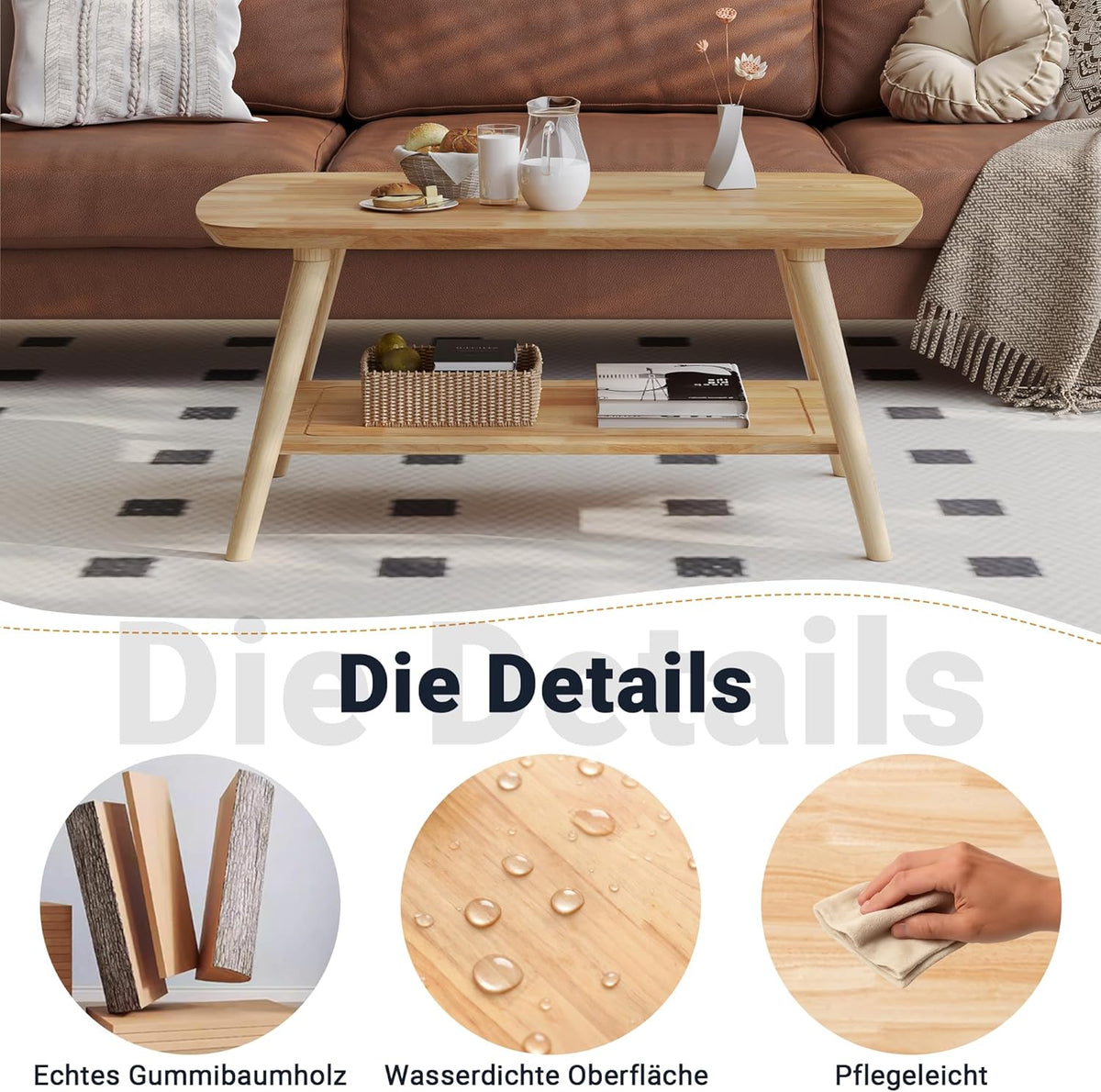 ZKIODV Mesa de centro de madera con 2 estantes, mesa de salón ovalada de madera maciza, mesa de madera con espacio de almacenamiento para sala de estar, mesa de sofá mesa auxiliar de 100x60x45 cm, acabado al aceite natural, mesa de centro de madera maciza