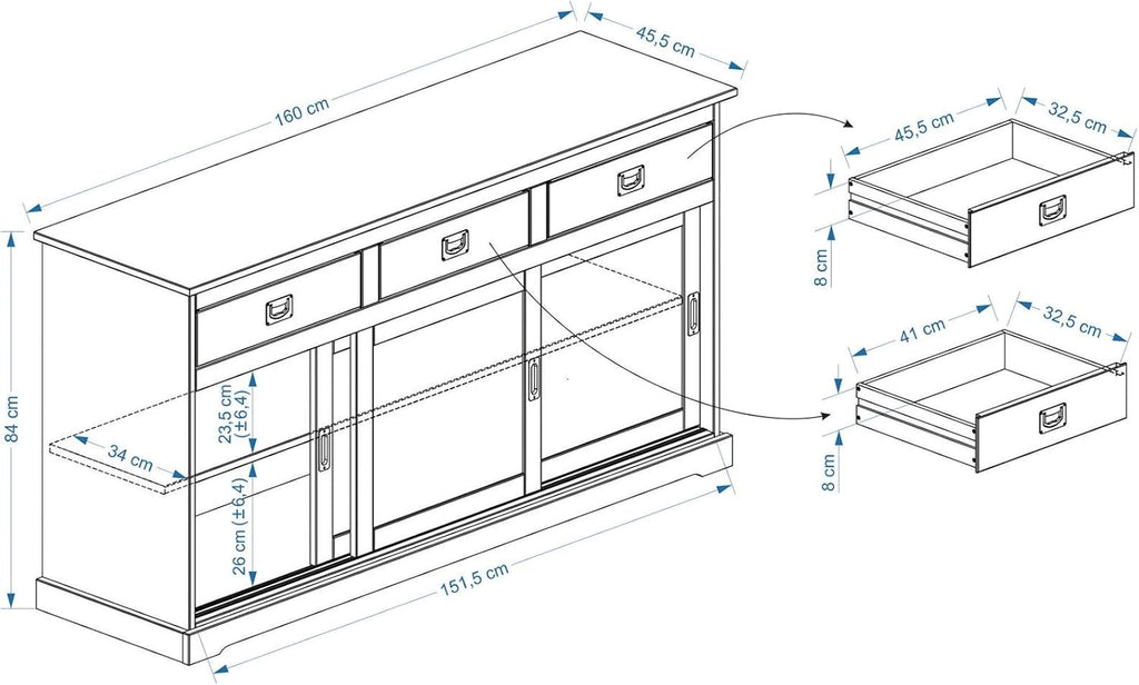 Aparador IDIMEX Savona con 3 puertas y 3 cajones, madera maciza, color roble, mueble buffet, vajillero, madera maciza