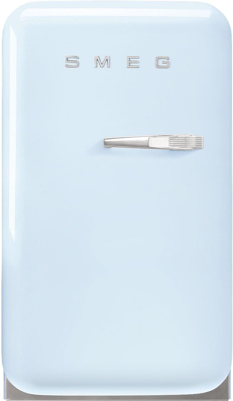 Smeg, minibar FAB5LDPB6, estilo vintage, una puerta, 34 l, bisagras a la izquierda, refrigeración estática, 2 estantes ajustables, botellero e iluminación LED, altura 72,5 cm, azul celeste