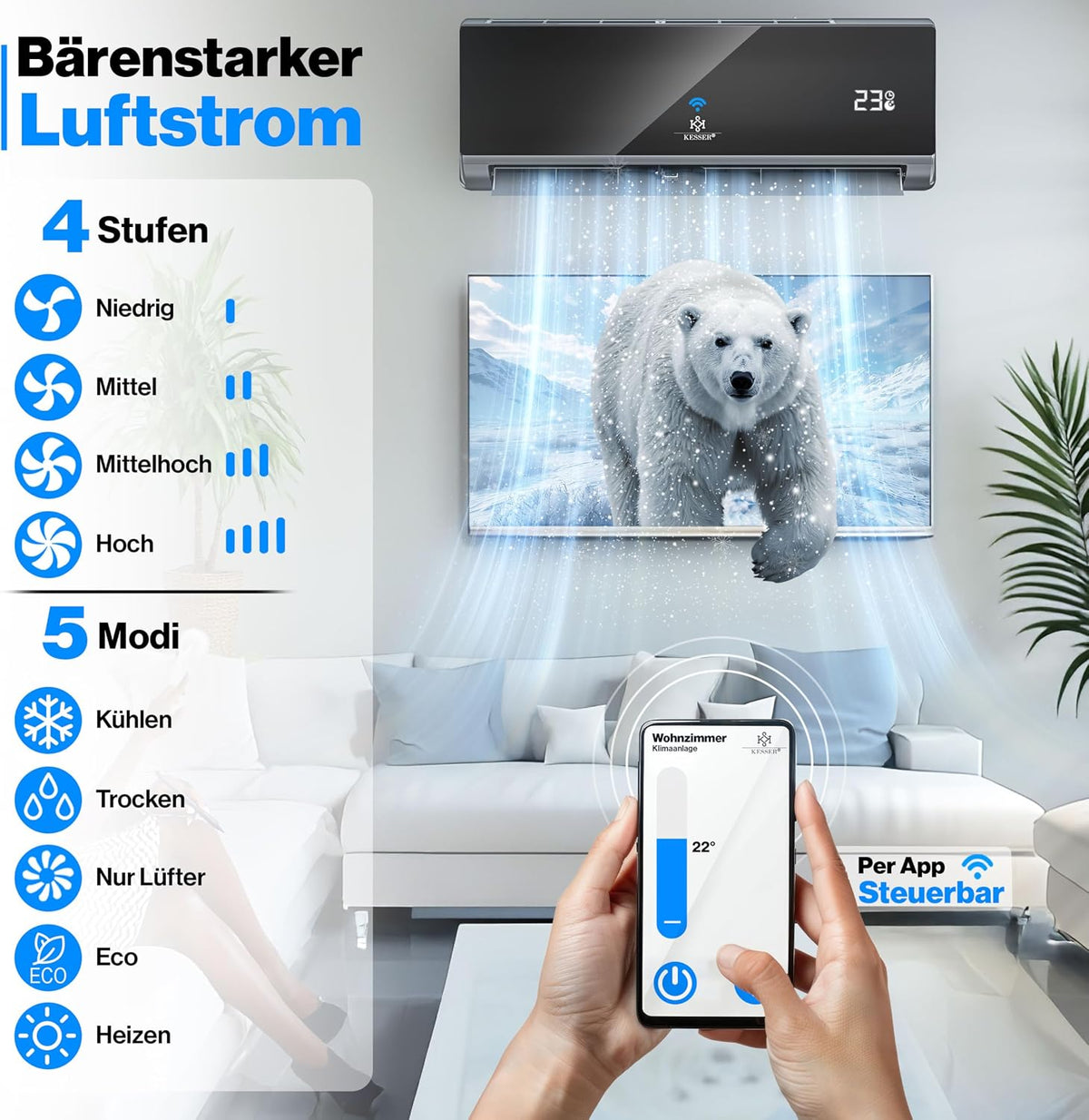 Set de aire acondicionado Split KESSER®, función WiFi/App, refrigeración A++/calefacción A+, 18000 BTU/h (5.300W) muy silencioso, refrigerante R32, mando a distancia, función de temporizador, material de montaje, antracita