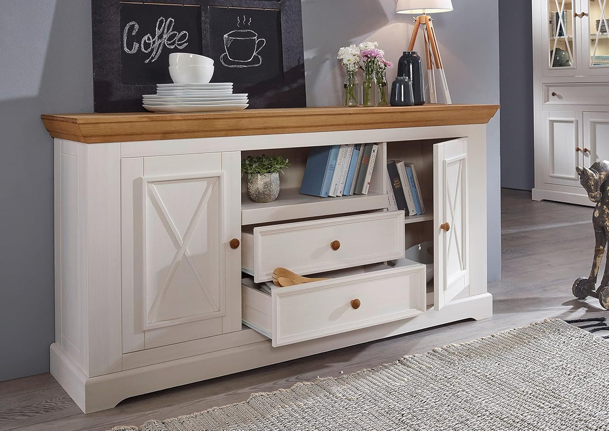 Aparador Woodroom Oslo de madera de pino maciza blanca (ancho x alto x fondo: 169x88x42 cm), cómoda, aparador