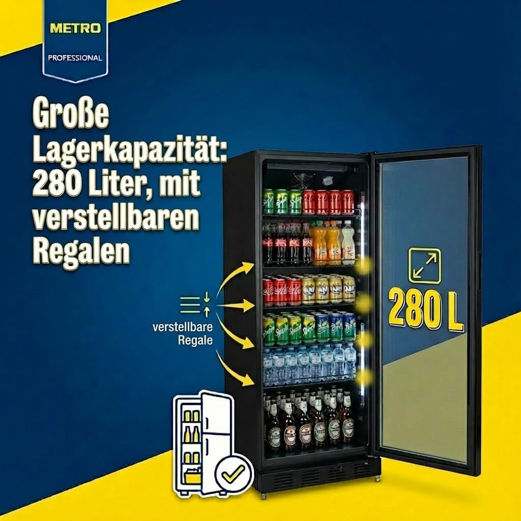 METRO Professional Refrigerador de bebidas GSC4280B, metal/vidrio, 280 L, refrigeración ventilada, 210 W, con cerradura, negro