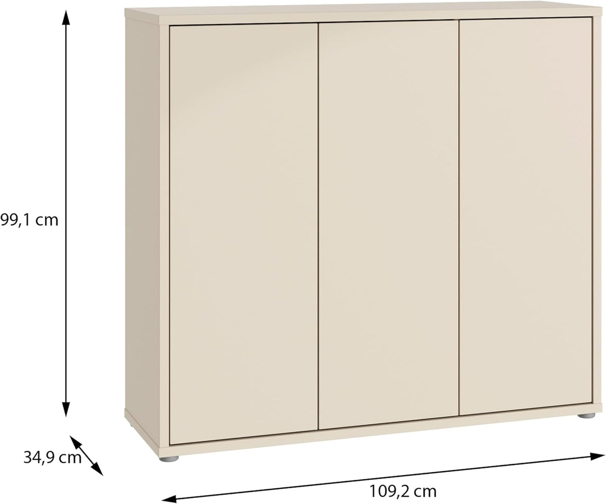 Forte Alice Springs Schuhschrank 100 110, Flurschrank mit 3 Türen und 8 Einlegeböden, Holzwerkstoff, Kaschmir Beige, 109,2 cm breit x 99,1 cm hoch x 34,9 cm tief