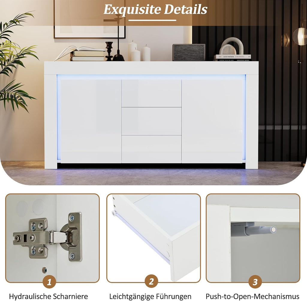 ModernLuxe LED Sideboard Hochglanz Wohnzimmer Beistellschrank 140x40x65cm,3 Schubladen & 2 Türen, Moderne Kommode mit Stauraum für Flur, Büro und Wohnzimmer, Weiß