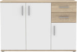 Cómoda Forte IKOLI 120, cómoda moderna, 3 puertas, 2 cajones, salón/dormitorio, pasillo, madera derivada, blanco con decoración de roble Sonoma, 119,6 cm de ancho x 81,7 cm de alto x 31,4 cm de fondo