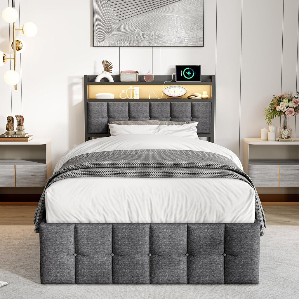 Bettgestell 90x200,boxspringbett mit LED,Einzelbett mit Stauraum,hydraulisch stauraumbett gepolstertes Bett,Funktionsbett Jugendbett mit USB,Polsterbett für 1 Person (Grau+Leinen)