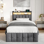 Bettgestell 90x200,boxspringbett mit LED,Einzelbett mit Stauraum,hydraulisch stauraumbett gepolstertes Bett,Funktionsbett Jugendbett mit USB,Polsterbett für 1 Person (Grau+Leinen)
